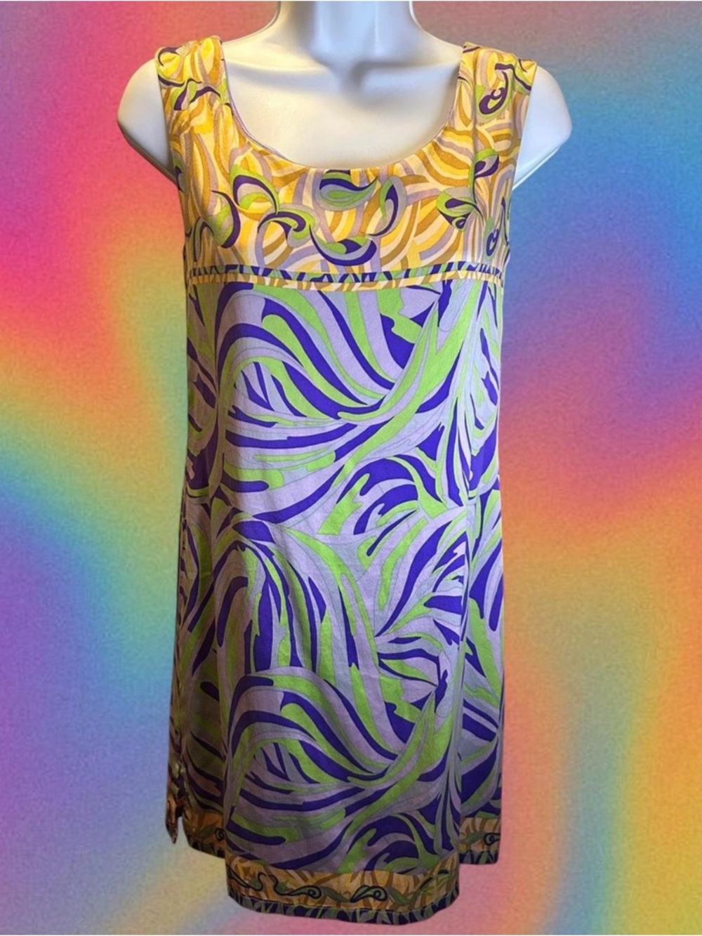 Vintage Y2K Yellow and purple abstract sleeveless shift dress. Girlfriend brand